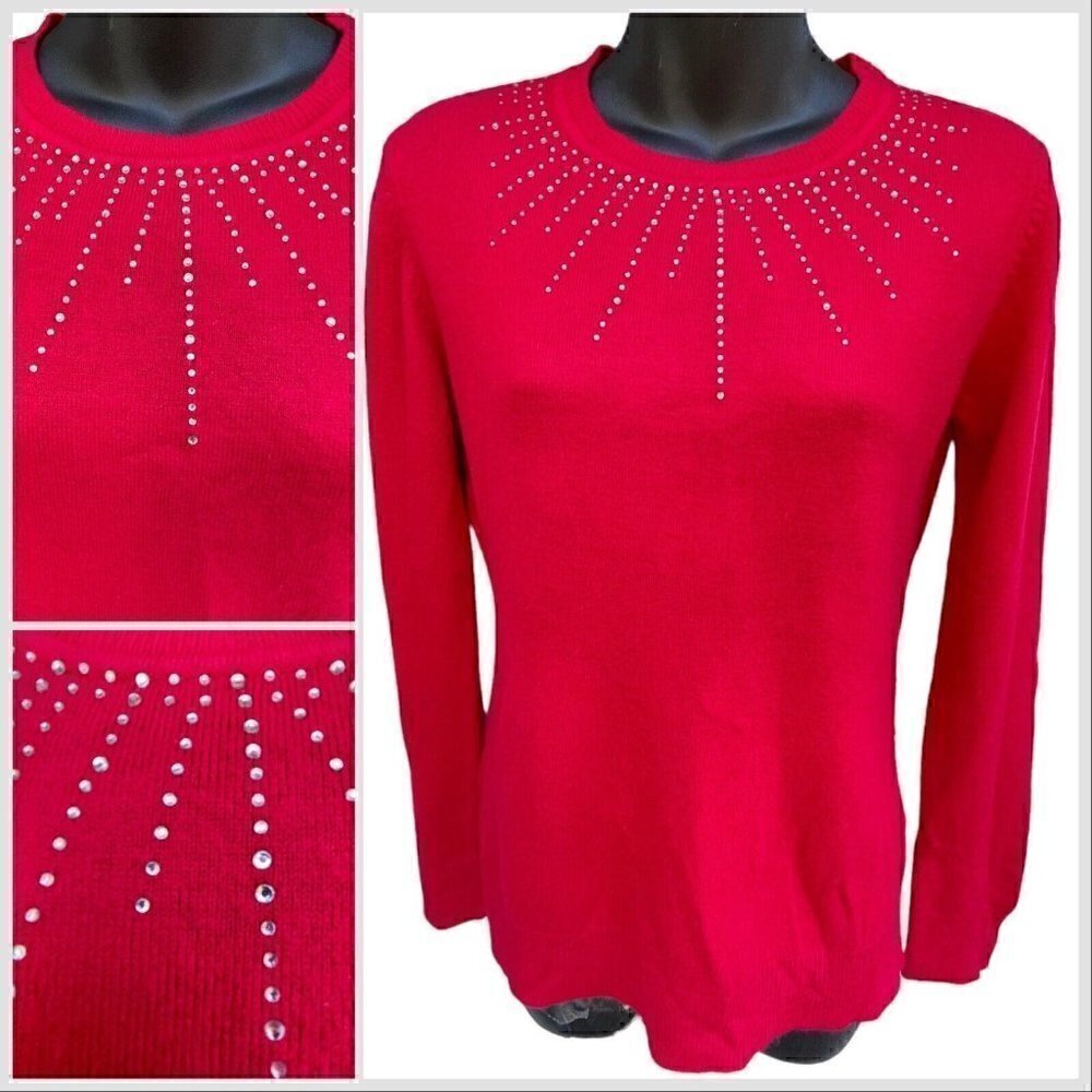Valentine’s Day Red Sweater Long Sleeve Pullover Knit Soft Rhinestones Women’s S